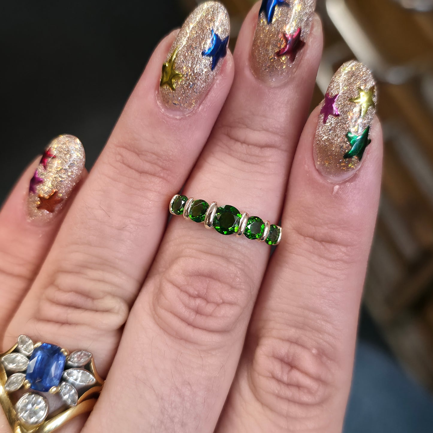 9ct Yellow Gold Graduated Round Cut Diopside Five Stone Row Ring