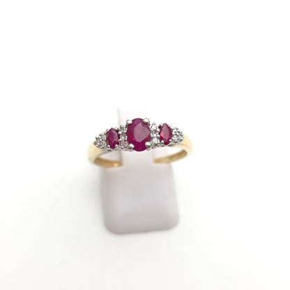 9ct Yellow Gold Multi-Stone Three Ruby and Diamond Ring