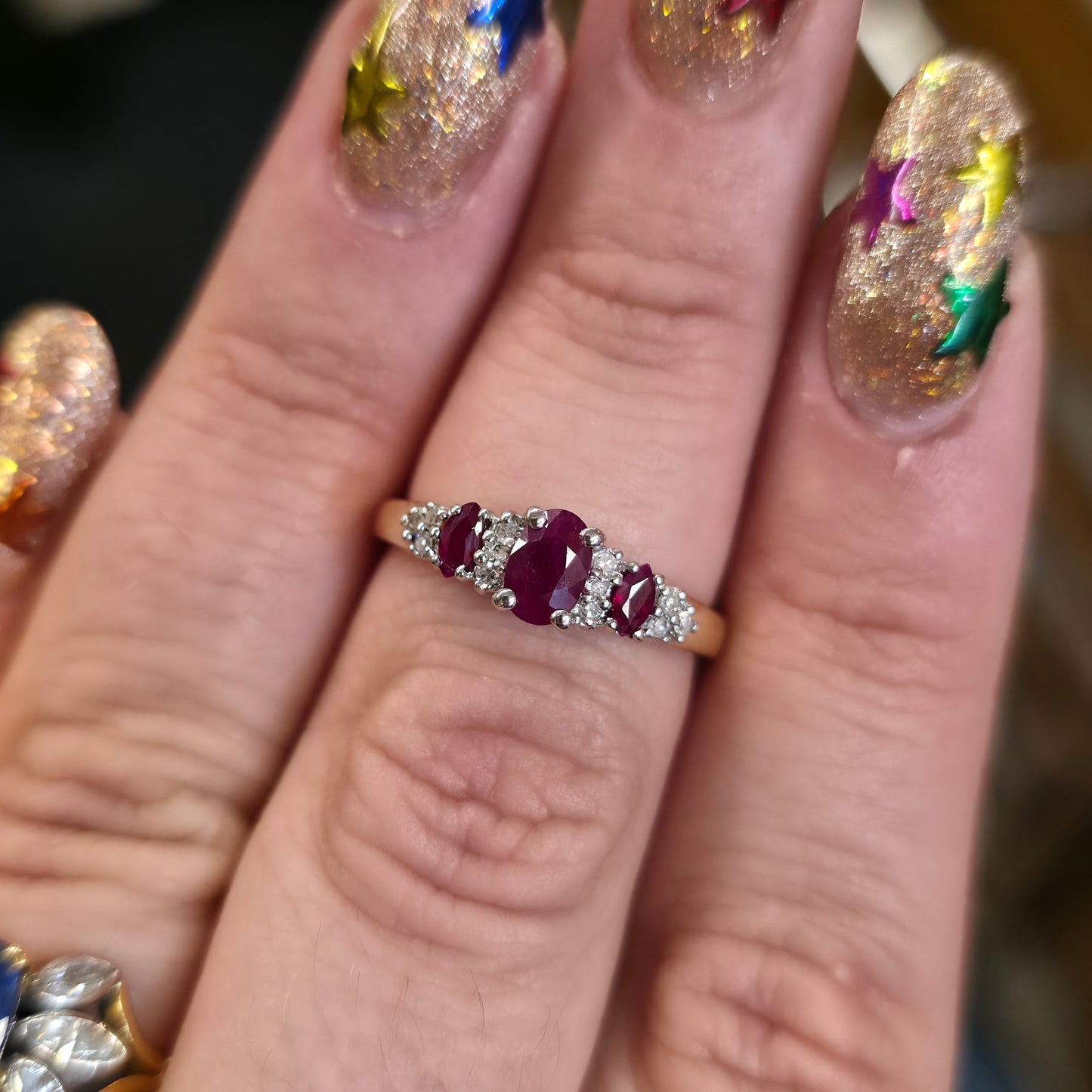 9ct Yellow Gold Multi-Stone Three Ruby and Diamond Ring