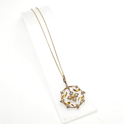 9ct Yellow Gold Antique Floral Pearl Wreath Pendant And Chain Necklace