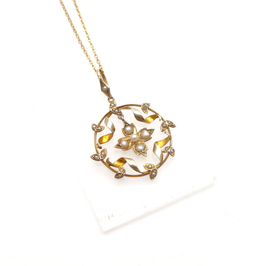 9ct Yellow Gold Antique Floral Pearl Wreath Pendant And Chain Necklace