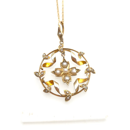 9ct Yellow Gold Antique Floral Pearl Wreath Pendant And Chain Necklace