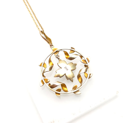 9ct Yellow Gold Antique Floral Pearl Wreath Pendant And Chain Necklace