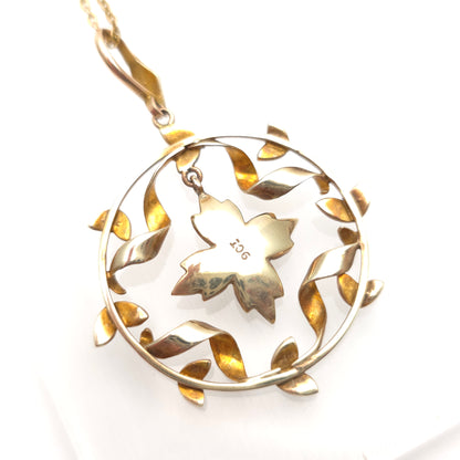 9ct Yellow Gold Antique Floral Pearl Wreath Pendant And Chain Necklace