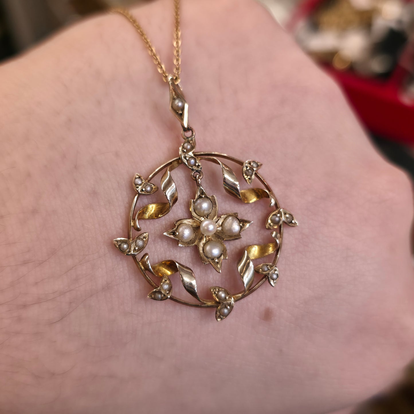 9ct Yellow Gold Antique Floral Pearl Wreath Pendant And Chain Necklace