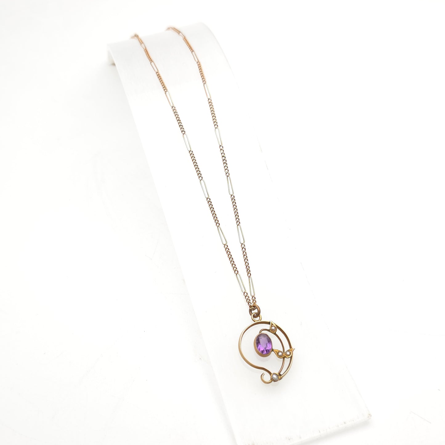 9ct Rose Gold Antique Amethyst And Pearl Belle Epoque Pendant And Figaro Chain