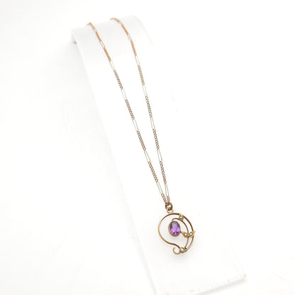 9ct Rose Gold Antique Amethyst And Pearl Belle Epoque Pendant And Figaro Chain