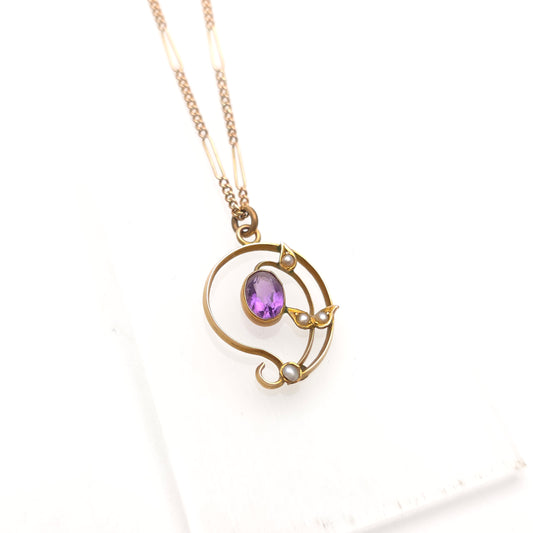 9ct Rose Gold Antique Amethyst And Pearl Belle Epoque Pendant And Figaro Chain