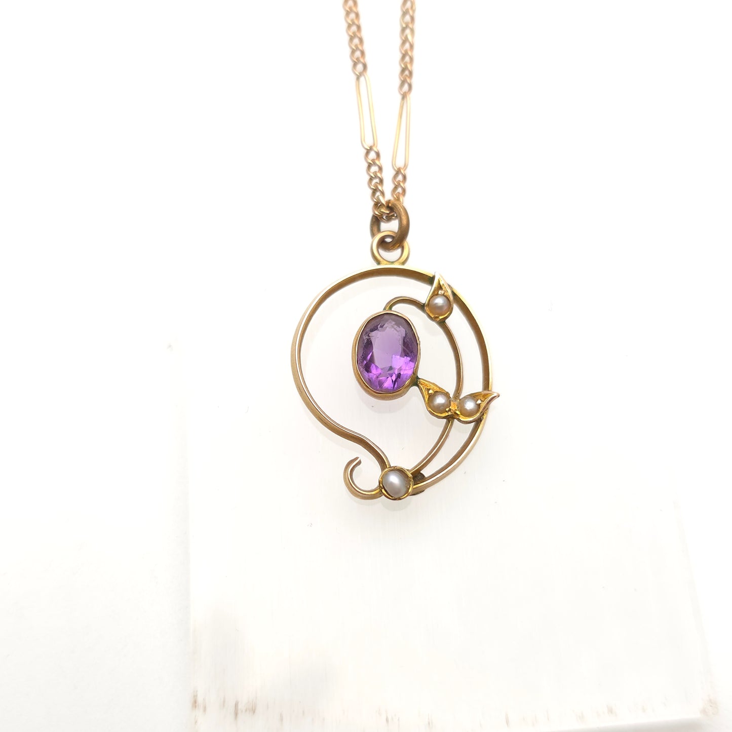 9ct Rose Gold Antique Amethyst And Pearl Belle Epoque Pendant And Figaro Chain