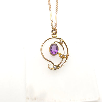 9ct Rose Gold Antique Amethyst And Pearl Belle Epoque Pendant And Figaro Chain