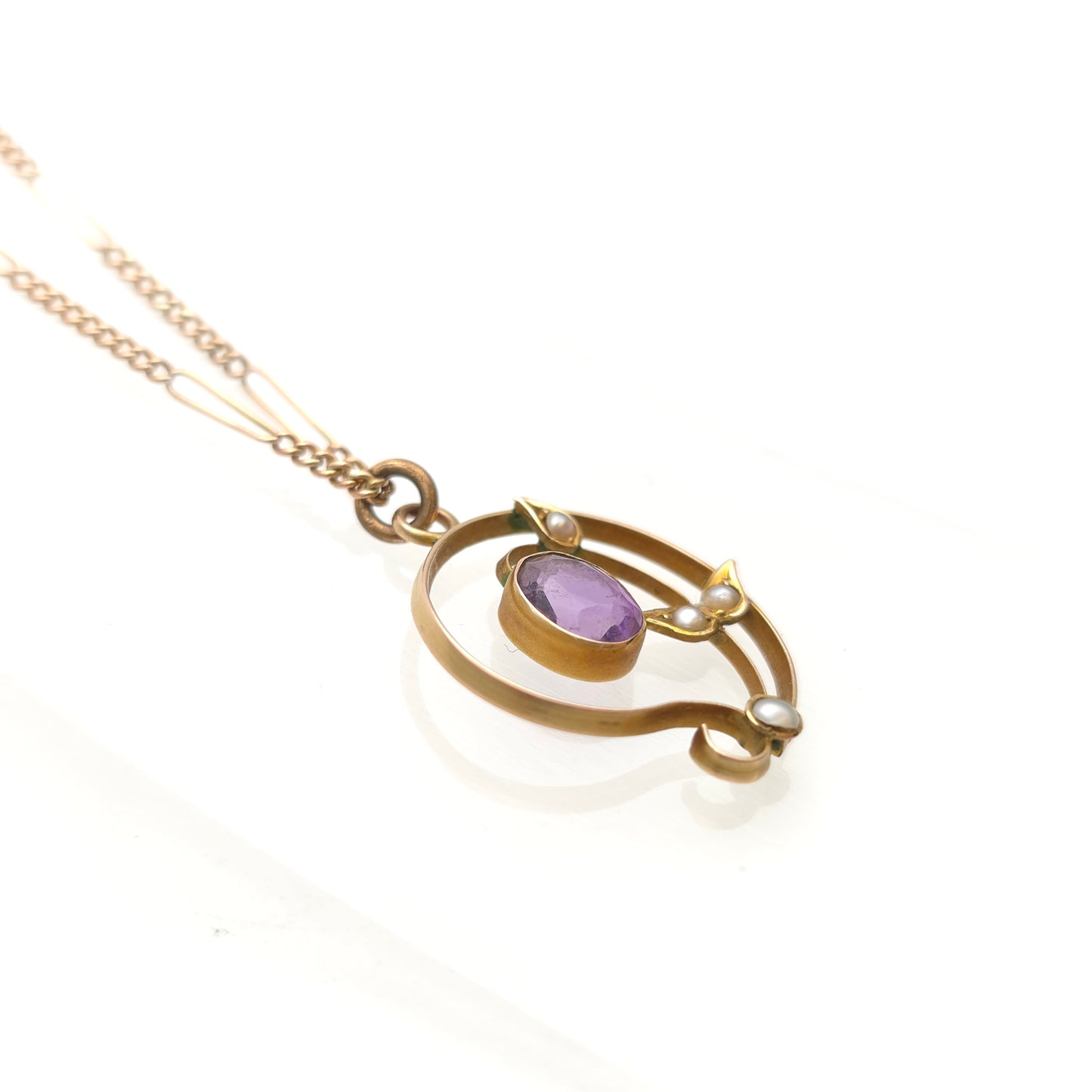 9ct Rose Gold Antique Amethyst And Pearl Belle Epoque Pendant And Figaro Chain