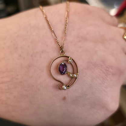 9ct Rose Gold Antique Amethyst And Pearl Belle Epoque Pendant And Figaro Chain