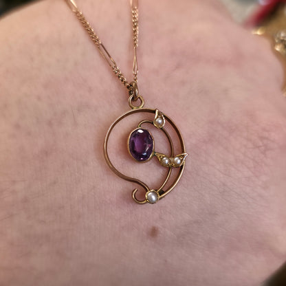 9ct Rose Gold Antique Amethyst And Pearl Belle Epoque Pendant And Figaro Chain