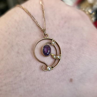 9ct Rose Gold Antique Amethyst And Pearl Belle Epoque Pendant And Figaro Chain
