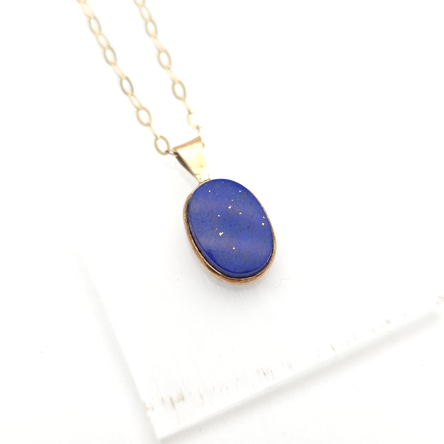 9ct Yellow Gold Oval Cut Lapis Lazuli Panel Pendant And Chain Necklace