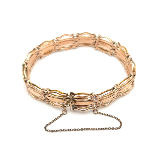 9ct Rose Gold Antique Wavy Gate Link Style Bracelet With Safety Chain