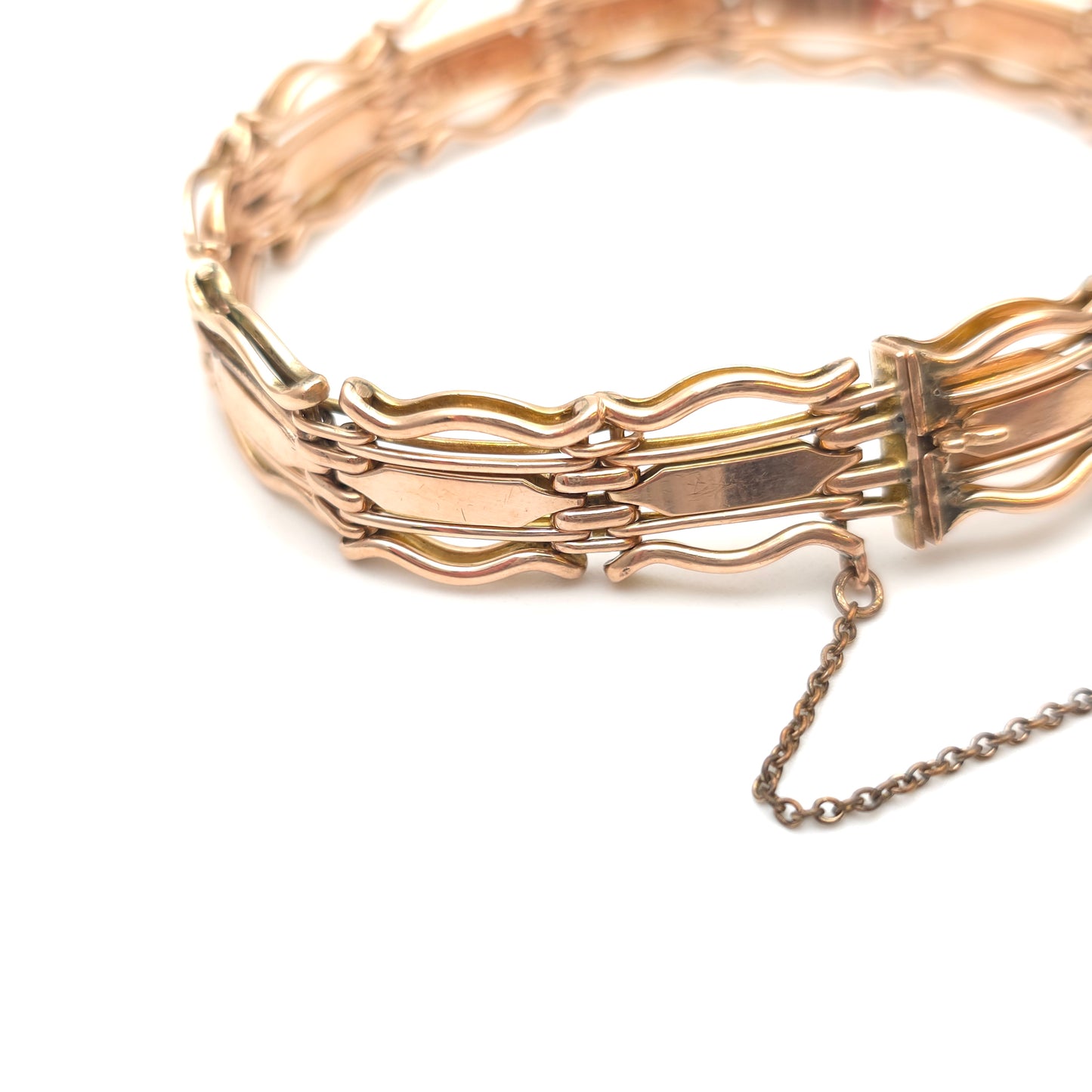 9ct Rose Gold Antique Wavy Gate Link Style Bracelet With Safety Chain