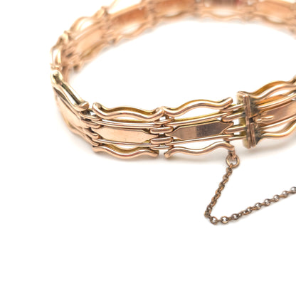 9ct Rose Gold Antique Wavy Gate Link Style Bracelet With Safety Chain