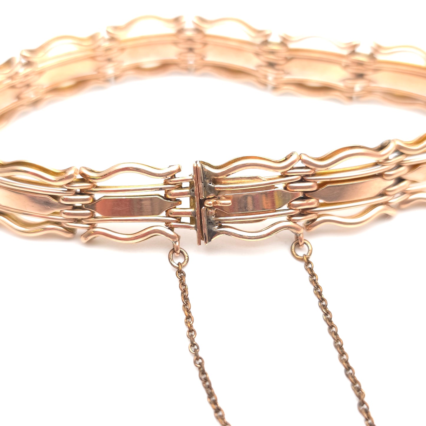 9ct Rose Gold Antique Wavy Gate Link Style Bracelet With Safety Chain