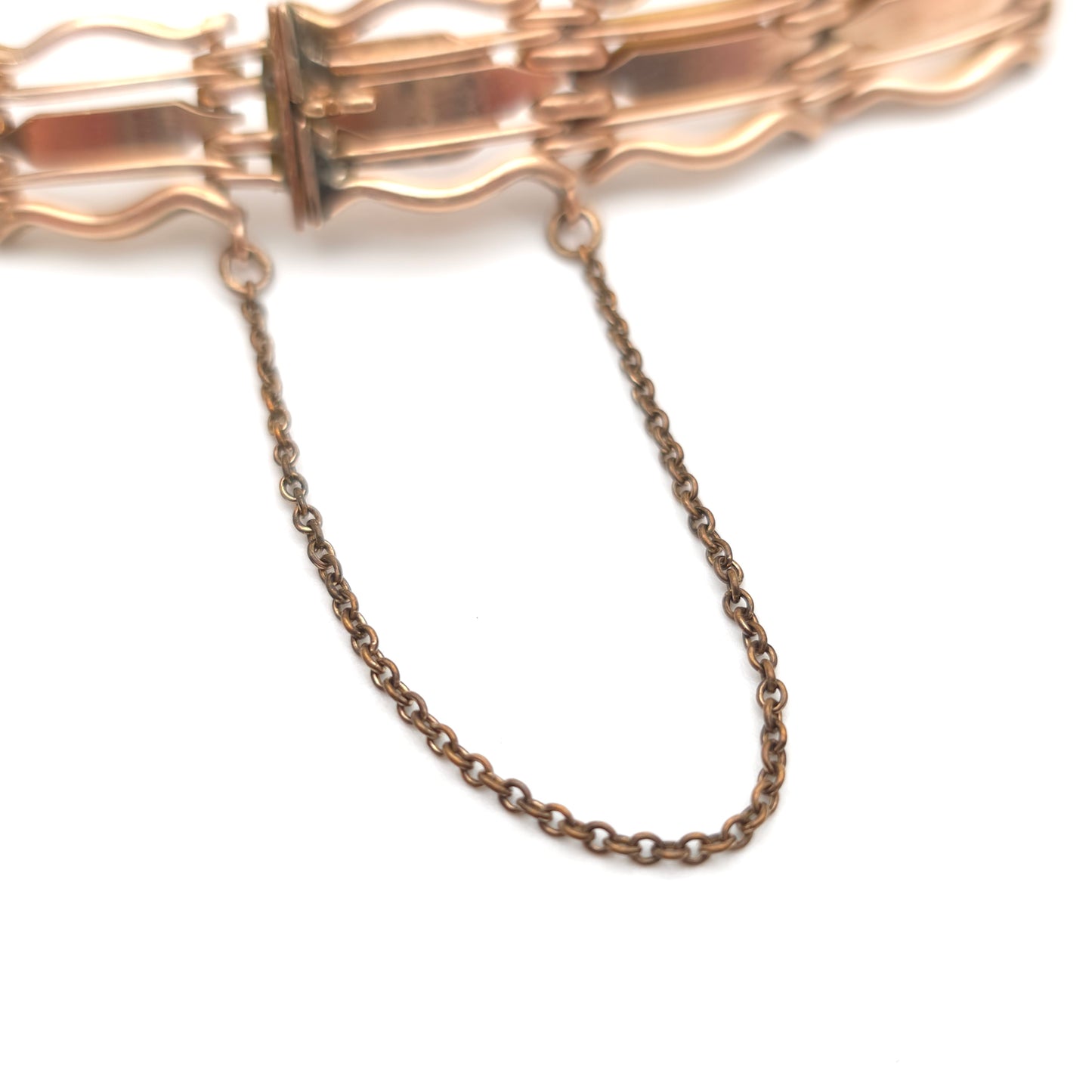 9ct Rose Gold Antique Wavy Gate Link Style Bracelet With Safety Chain