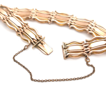 9ct Rose Gold Antique Wavy Gate Link Style Bracelet With Safety Chain