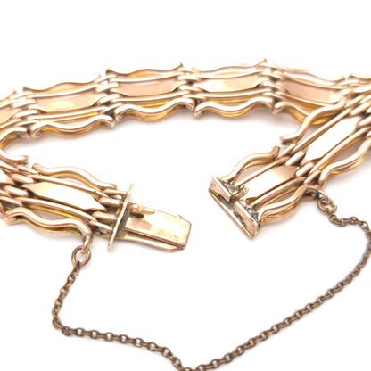 9ct Rose Gold Antique Wavy Gate Link Style Bracelet With Safety Chain