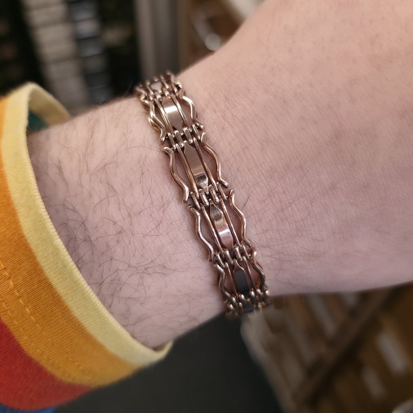 9ct Rose Gold Antique Wavy Gate Link Style Bracelet With Safety Chain