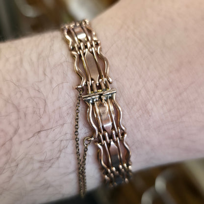 9ct Rose Gold Antique Wavy Gate Link Style Bracelet With Safety Chain