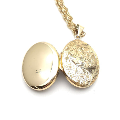 9ct Yellow Gold Vintage Engraved Chunky Locket And Prince of Wales 60cm Chain