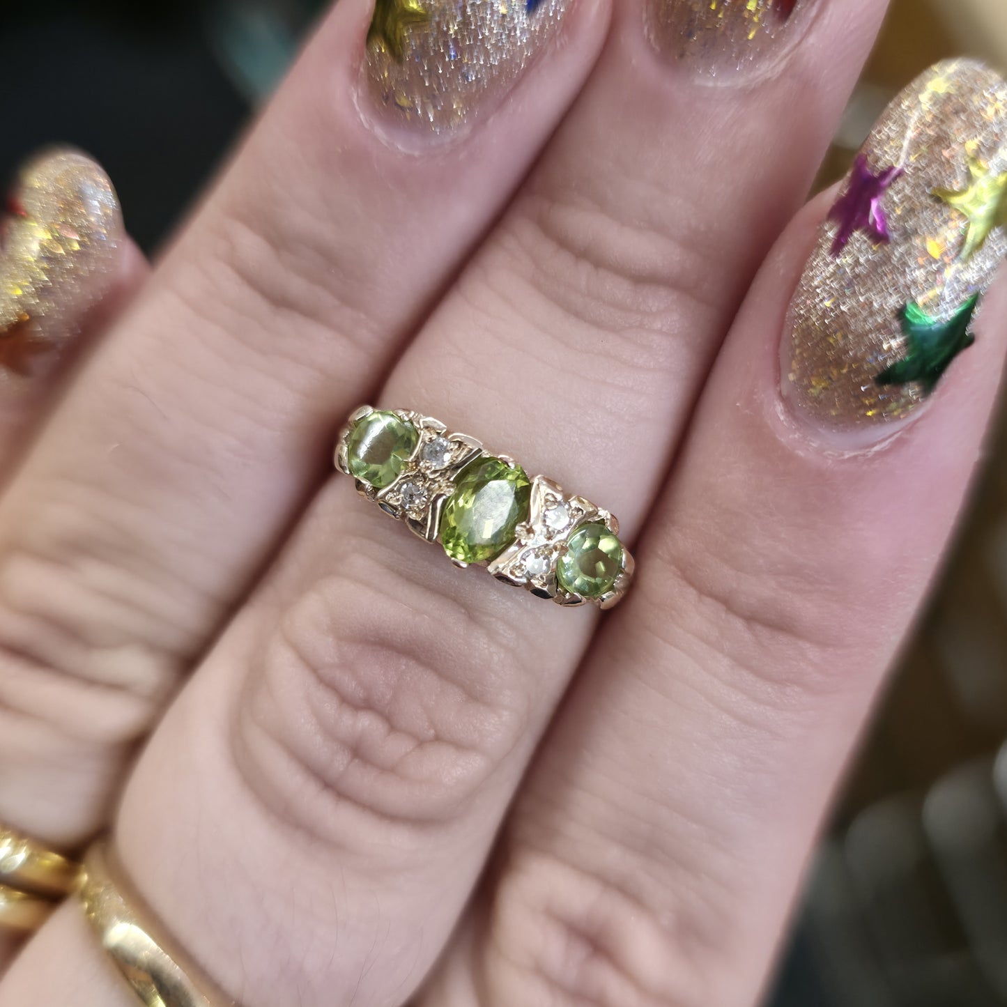 9ct Yellow Gold Peridot And Diamond Traditional Style Multi-Stone Ring