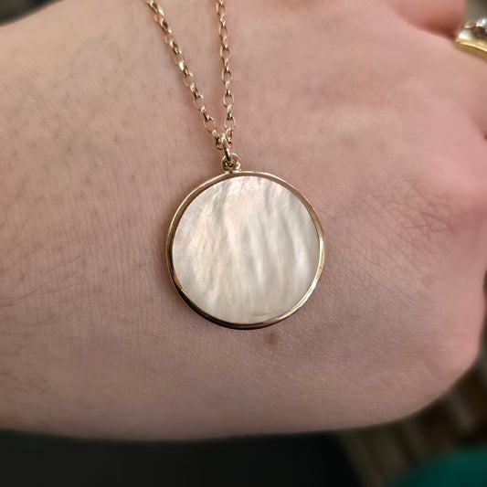 9ct Yellow Gold Vintage Double Sided Mother Of Pearl Circle Panel Pendant Piece