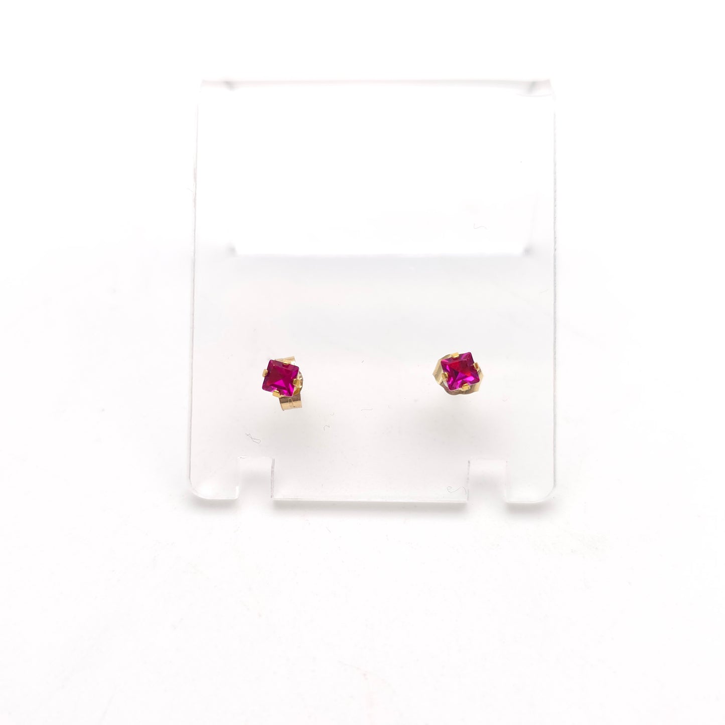 9ct Yellow Gold Small Princess Square Cut Synthetic Ruby Stud Earrings