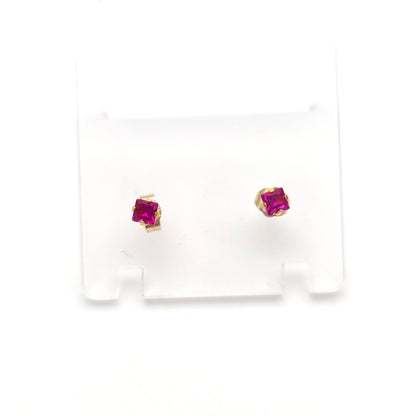 9ct Yellow Gold Small Princess Square Cut Synthetic Ruby Stud Earrings