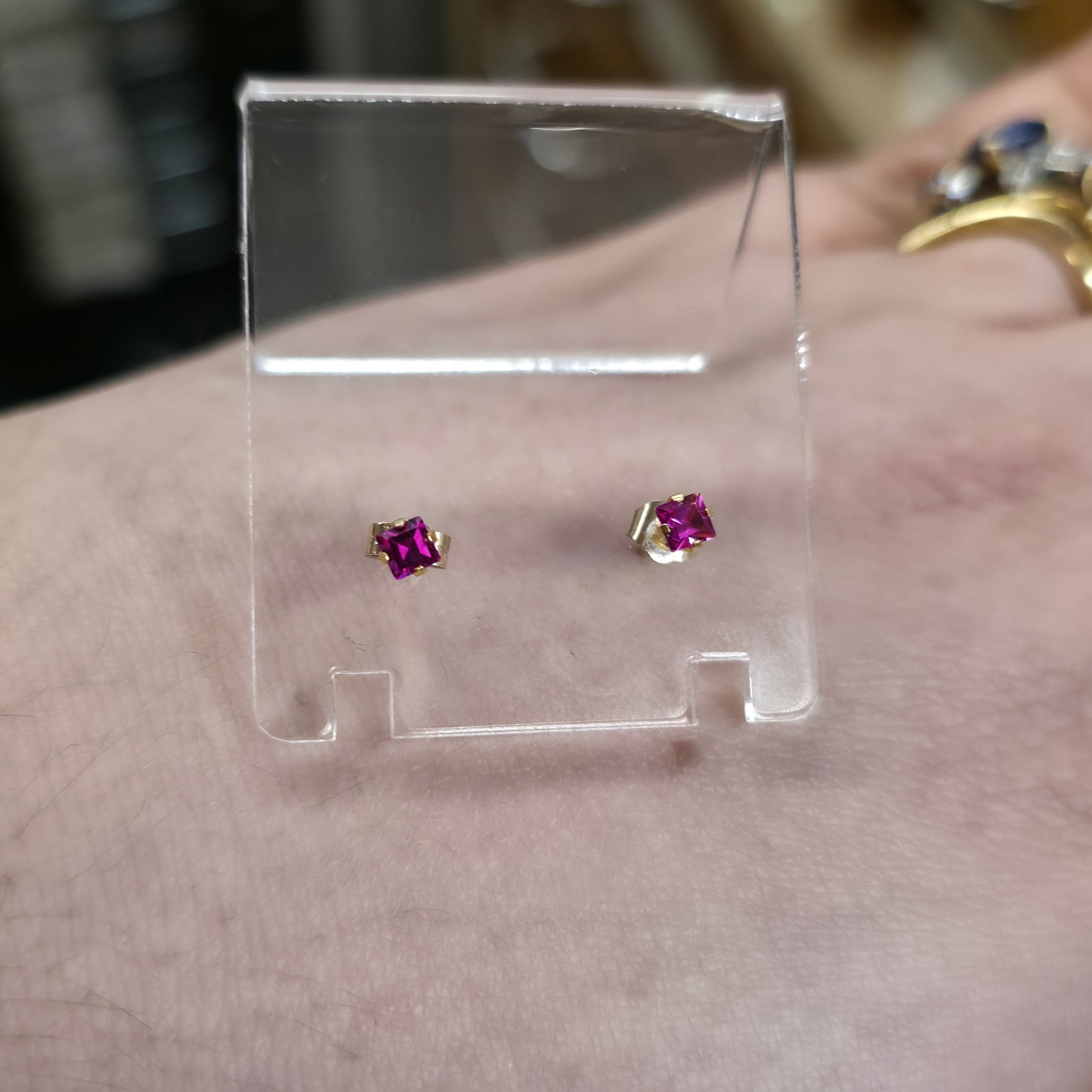 9ct Yellow Gold Small Princess Square Cut Synthetic Ruby Stud Earrings