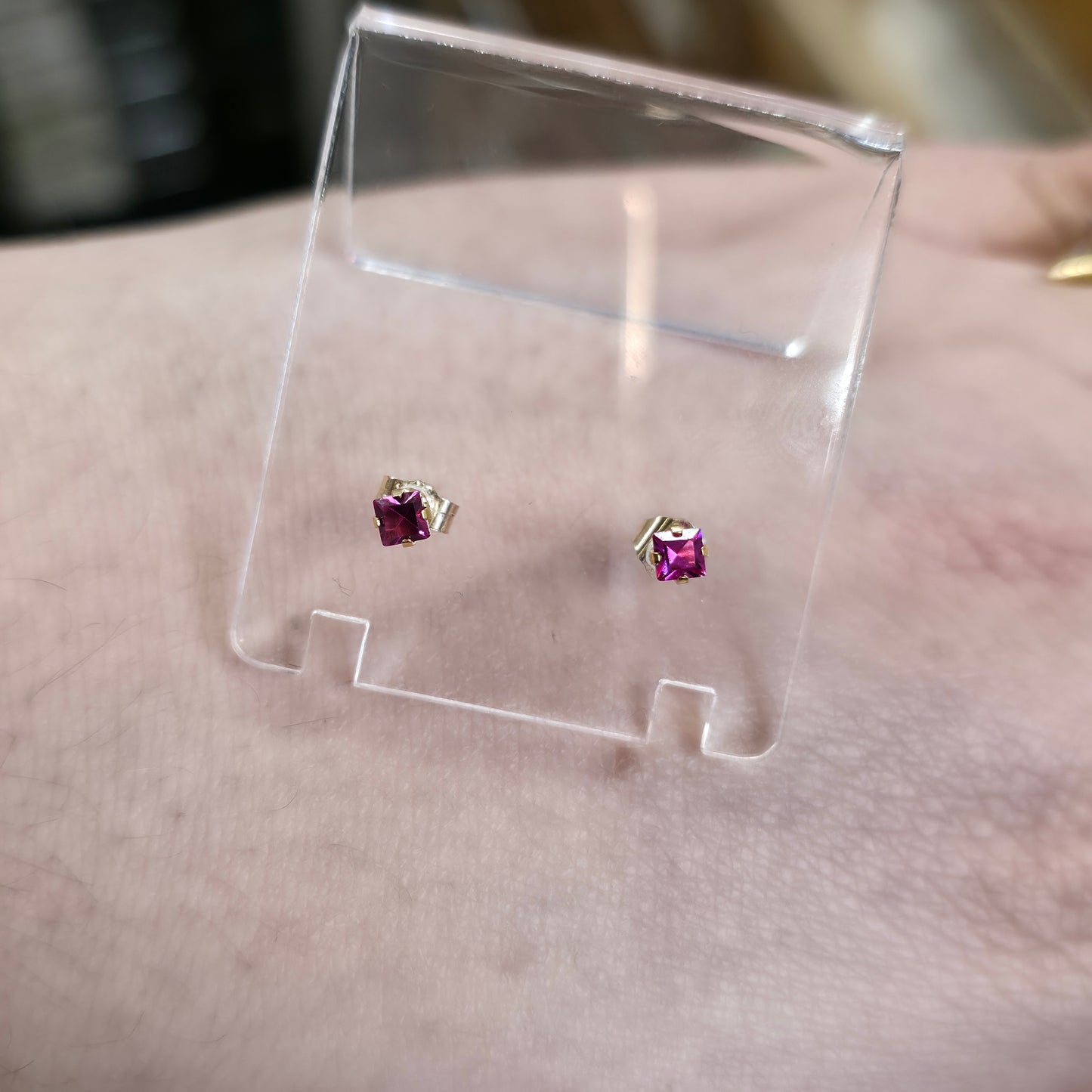 9ct Yellow Gold Small Princess Square Cut Synthetic Ruby Stud Earrings