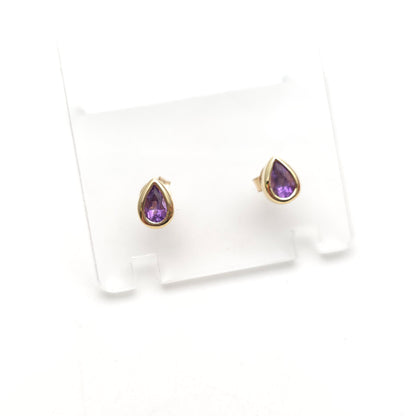 9ct Yellow Gold Small Pear Teardrop Shaped Amethyst Solitaire Stud Earrings
