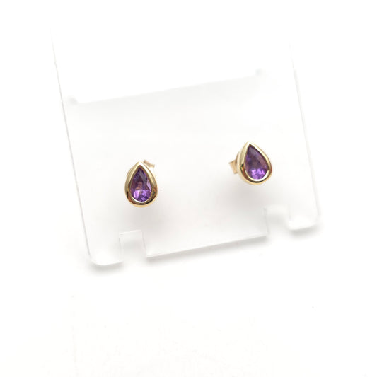 9ct Yellow Gold Small Pear Teardrop Shaped Amethyst Solitaire Stud Earrings