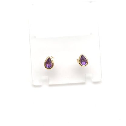 9ct Yellow Gold Small Pear Teardrop Shaped Amethyst Solitaire Stud Earrings