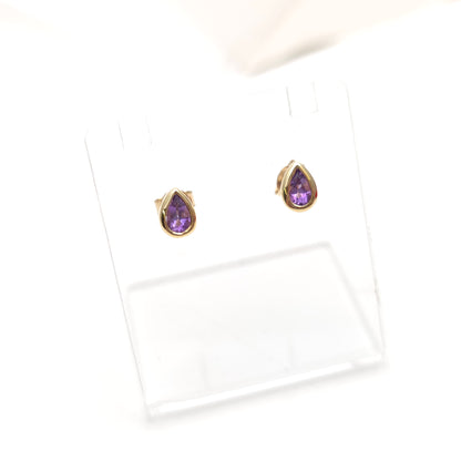 9ct Yellow Gold Small Pear Teardrop Shaped Amethyst Solitaire Stud Earrings