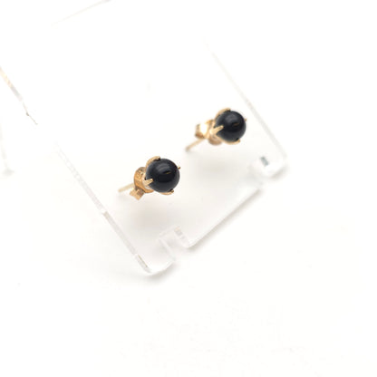 9ct Yellow Gold Vintage Black Onyx Sphere Bead Stud Earrings