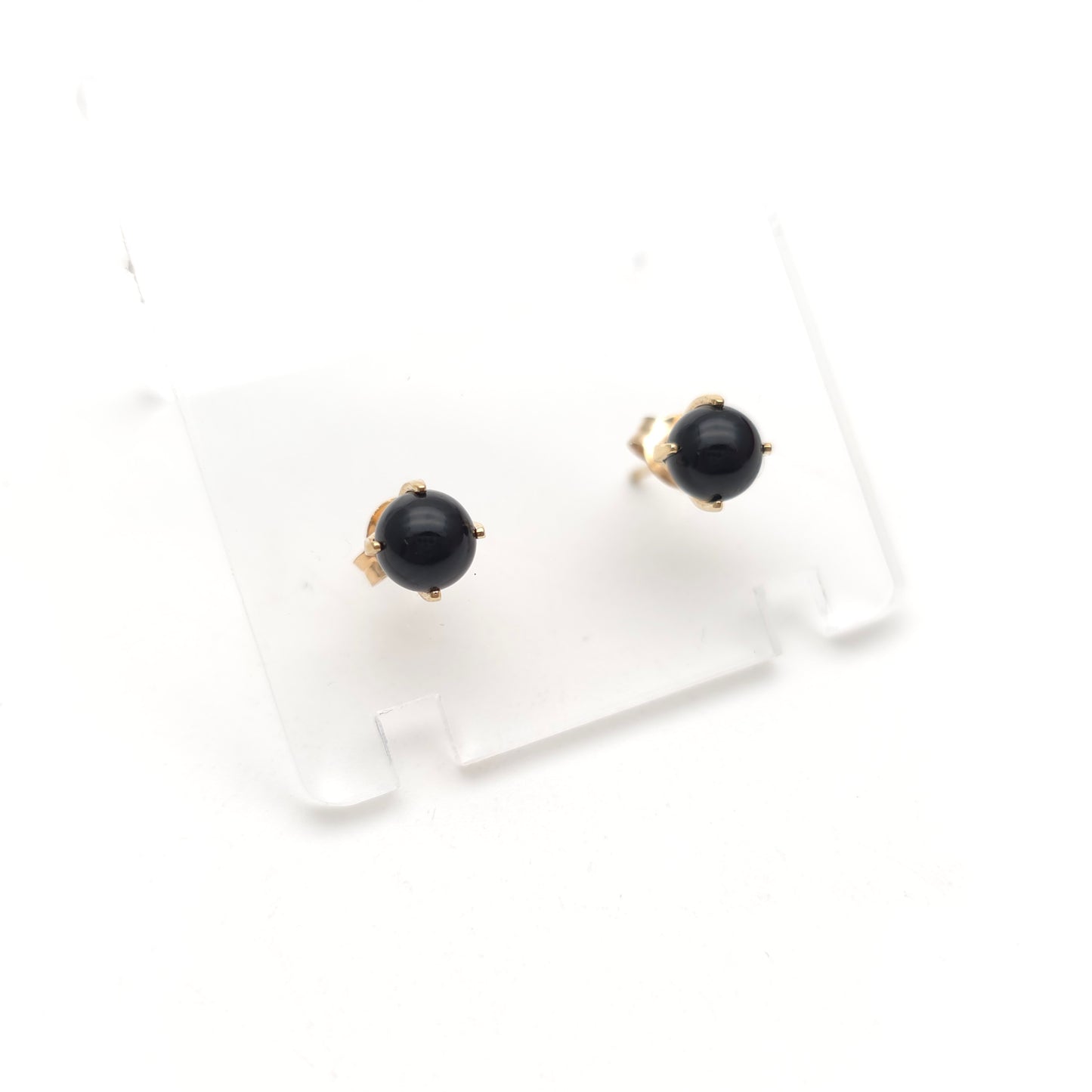 9ct Yellow Gold Vintage Black Onyx Sphere Bead Stud Earrings