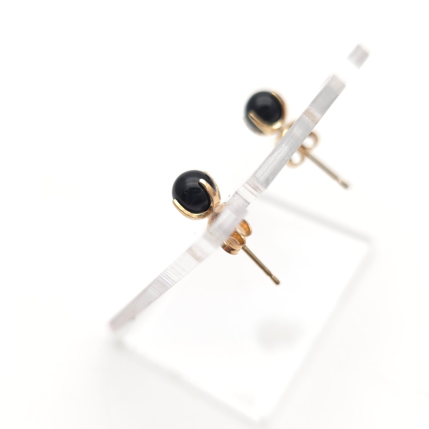 9ct Yellow Gold Vintage Black Onyx Sphere Bead Stud Earrings