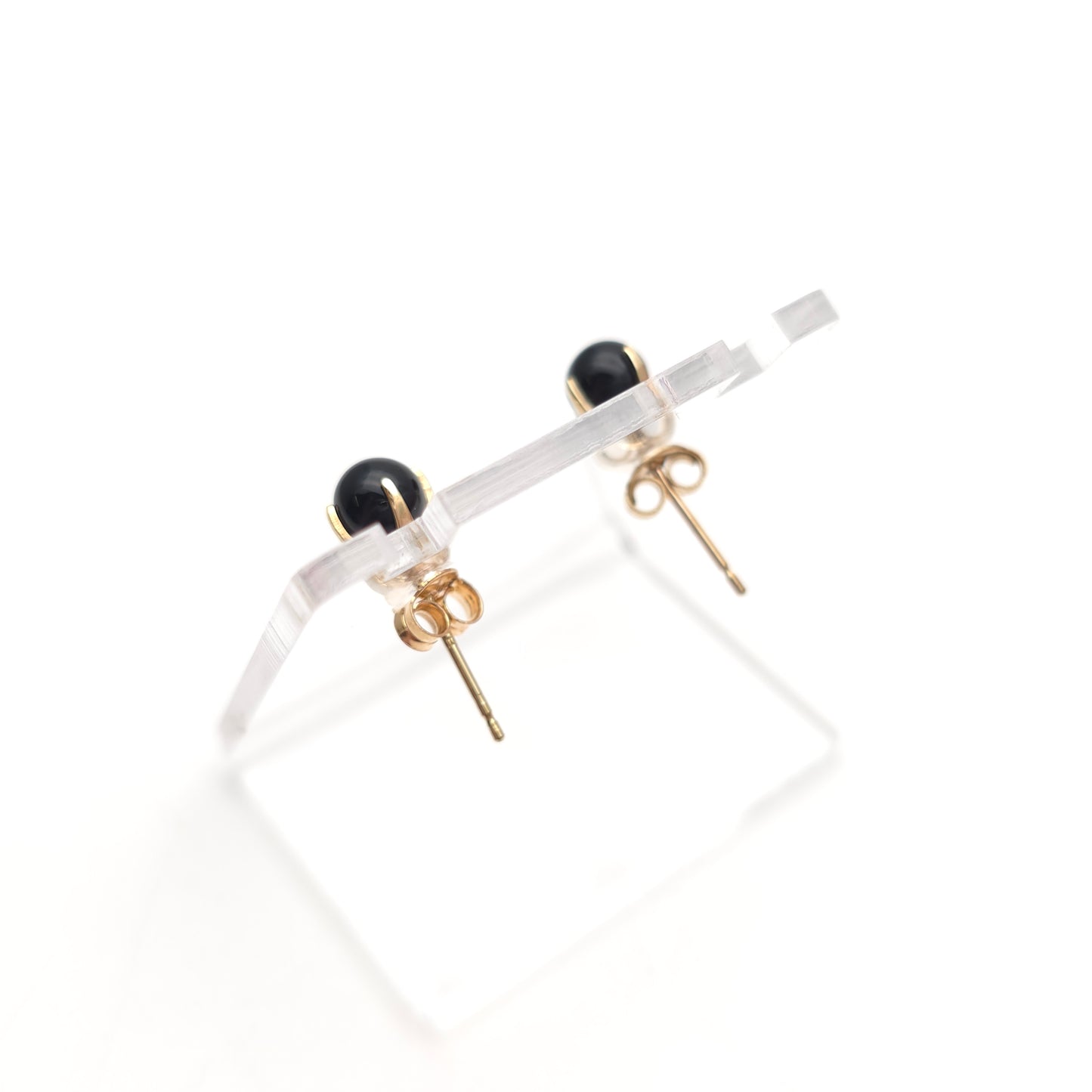 9ct Yellow Gold Vintage Black Onyx Sphere Bead Stud Earrings
