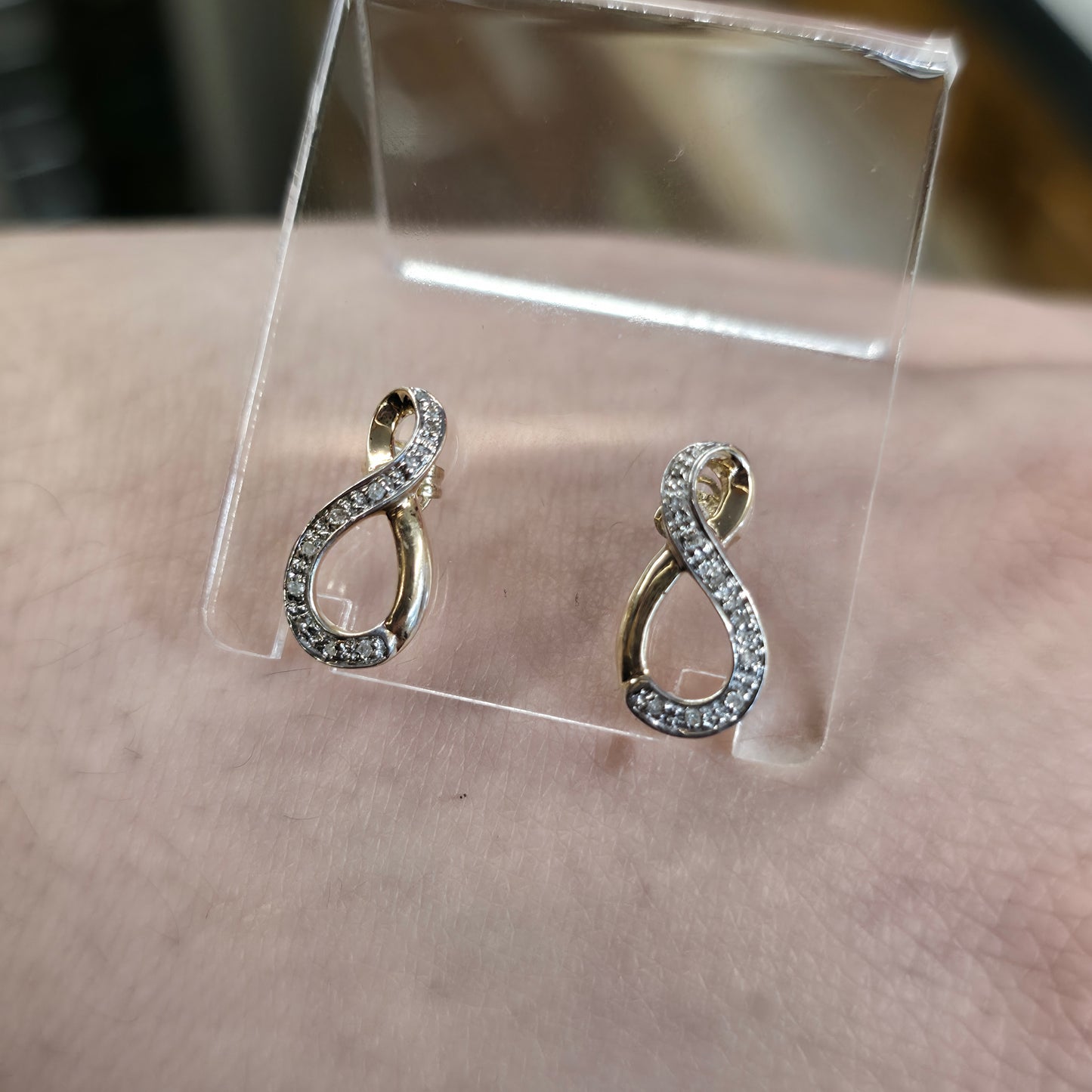 9ct Yellow And White Gold Double Loop Diamond Set Stud Earrings