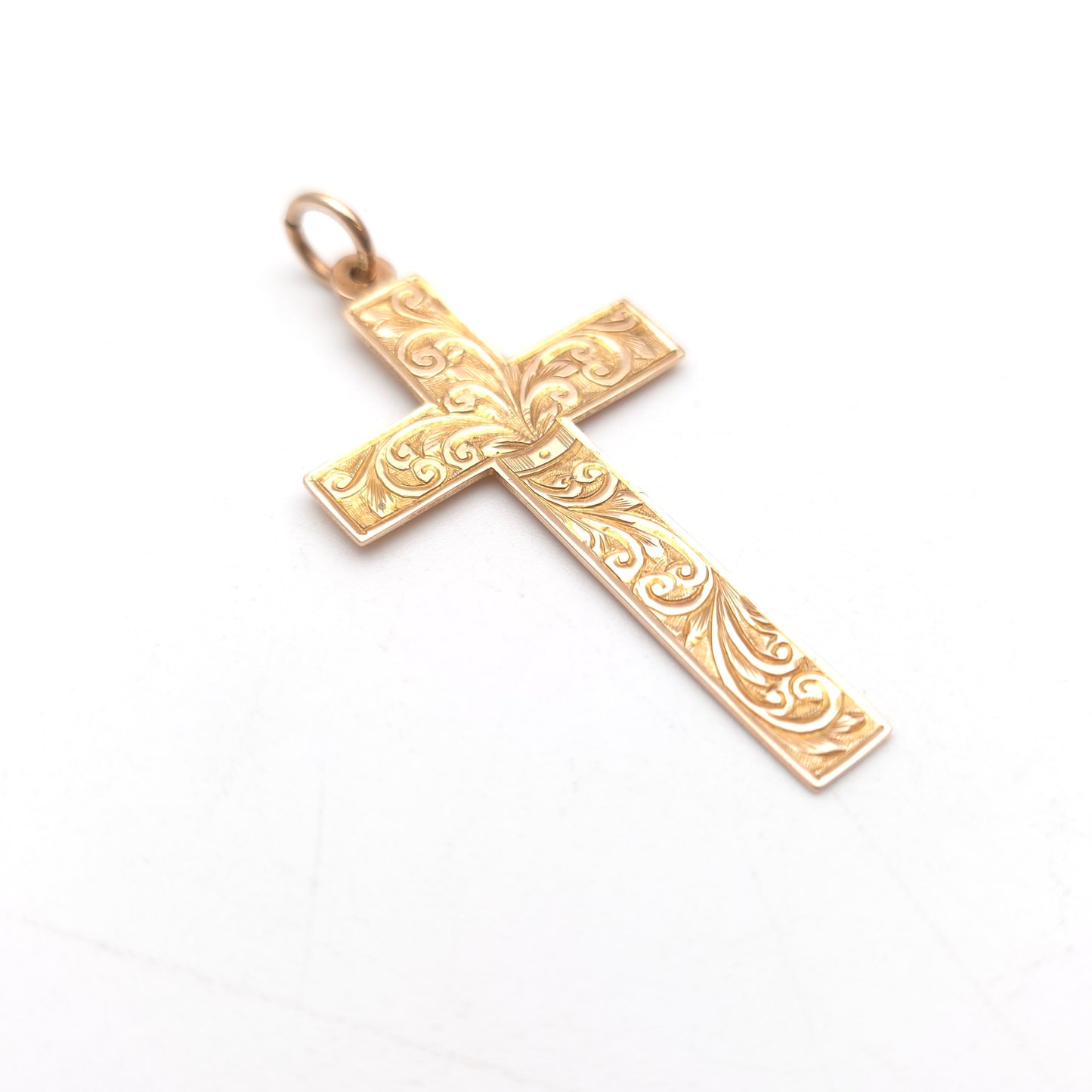 9ct Rose Gold Antique Foliate Engraved Patterned Cross Pendant Piece