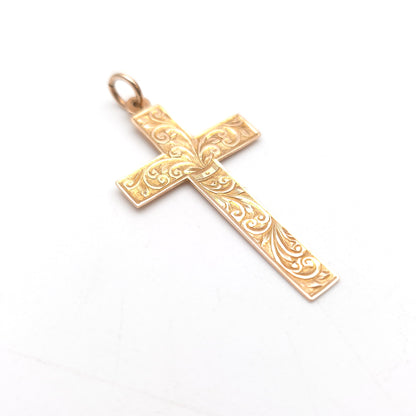9ct Rose Gold Antique Foliate Engraved Patterned Cross Pendant Piece