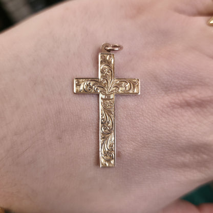 9ct Rose Gold Antique Foliate Engraved Patterned Cross Pendant Piece