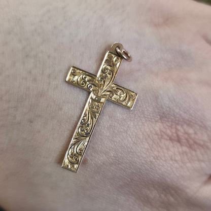 9ct Rose Gold Antique Foliate Engraved Patterned Cross Pendant Piece