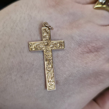 9ct Rose Gold Antique Foliate Engraved Patterned Cross Pendant Piece