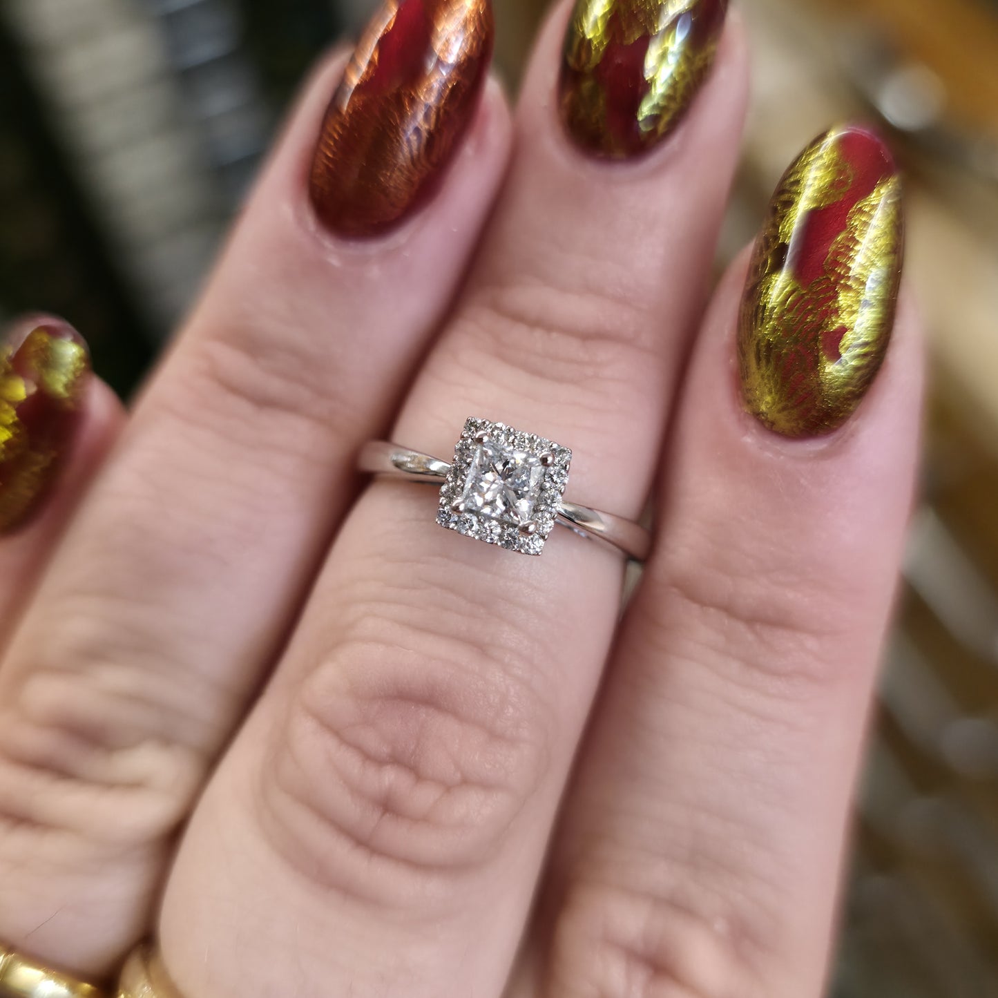 18ct White Gold Princess Cut Diamond Halo Cluster Ring (0.5TCW)